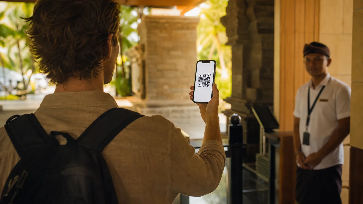 Turista ukazuje QR kód turistické daně Love Bali po příletu na Bali