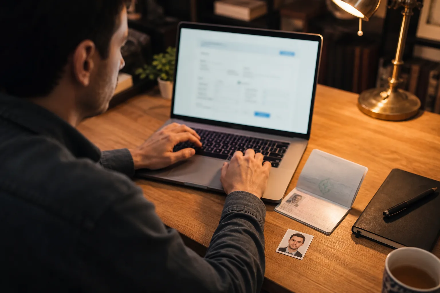 Žadatel vyplňuje čínskou online žádost o vízum COVA s pasem a fotografií
