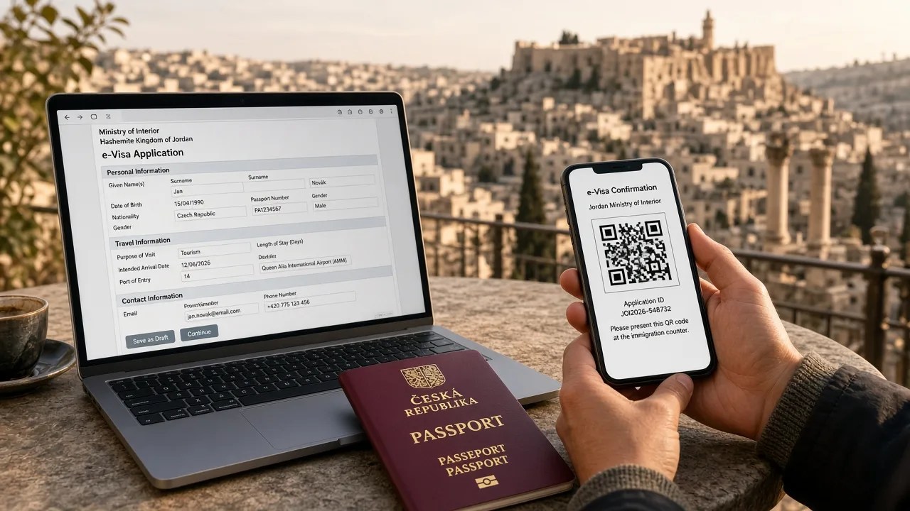 Cestovatel vyplňuje jordánské e-vízum MOI na notebooku s pasem a QR kódem na telefonu